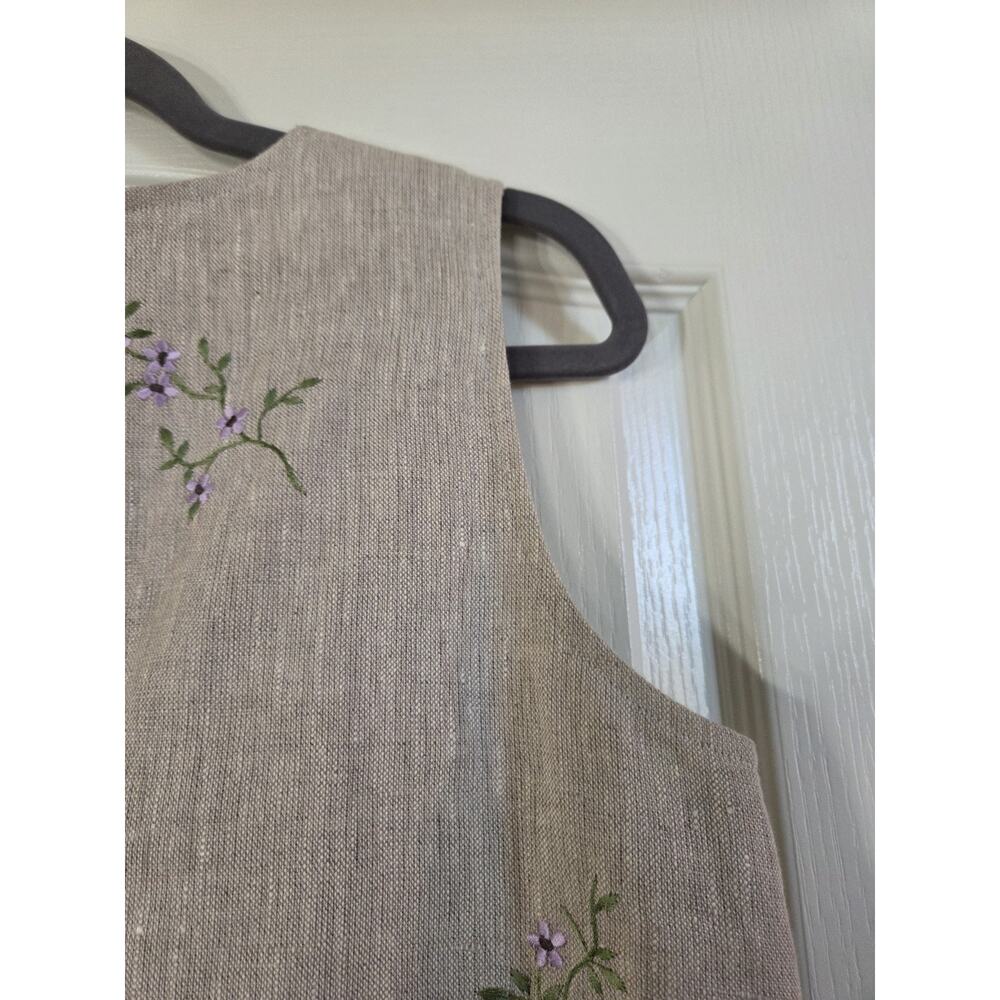 Talbots Classic 100% Linen Khaki Embroidered Floral Modest Mini Dress, Size 12P - Picture 12 of 15